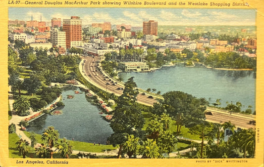 General Douglas MacArthur Park showing Wilshire Boulevard and the Westlake Shopping District. - Los Angeles, California  -  Linen Postcard