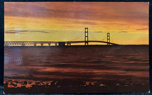 Mackinac Straits Bridge at Sunset - Vintage Postcard