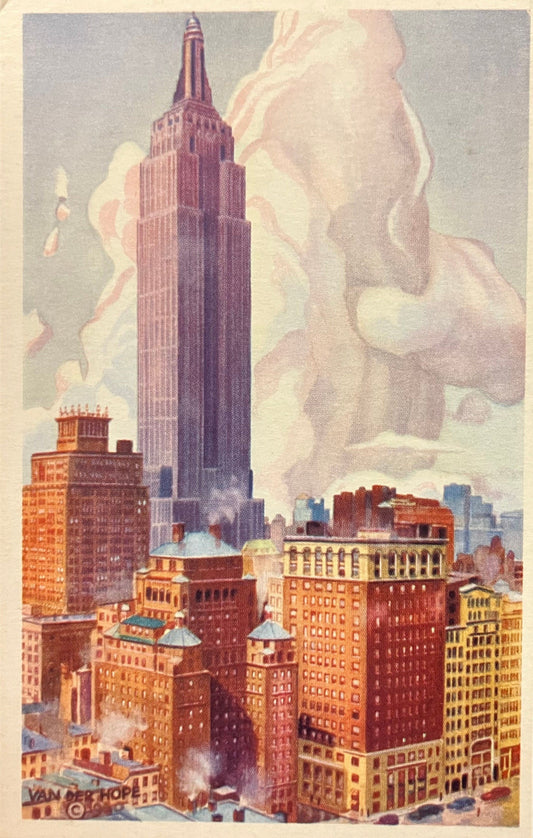 Passing of the Storm… - Empire State Building in New York City, New York - Illustrated by Marcus A. Van Der Hope - Vintage Postcard