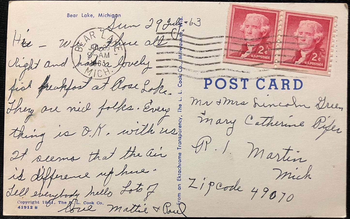 Bear Lake, Michigan - Vintage 1963 Postcard