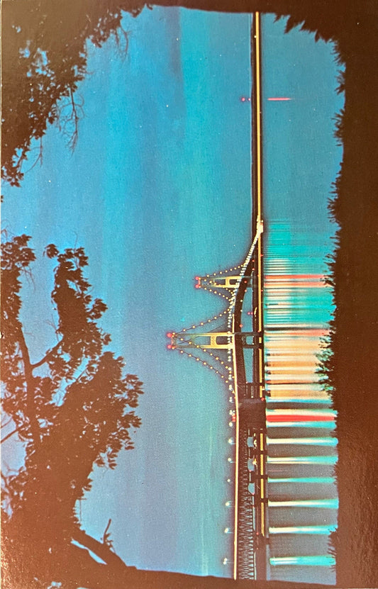The Mackinac Bridge in Michigan at Nightfall - Vintage Postcard