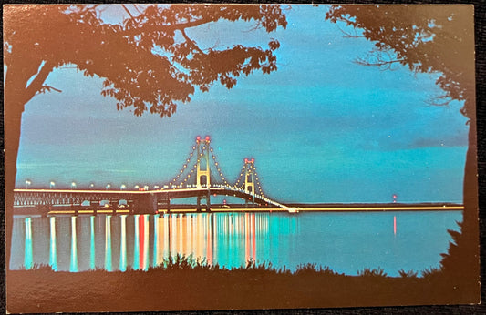 The Mackinac Bridge in Michigan at Nightfall - Vintage Postcard