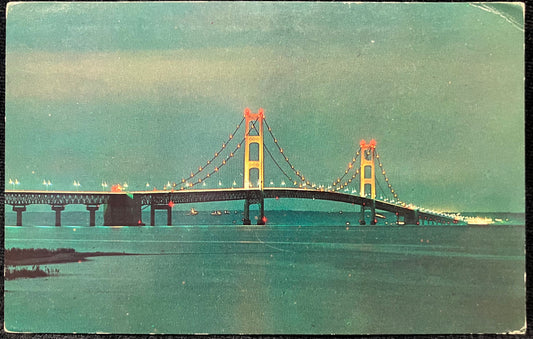 Mackinaw City, Michigan a View at Dusk of the “Mighty Mac” - Photo by J. V. Pontiere - Vintage Postcard