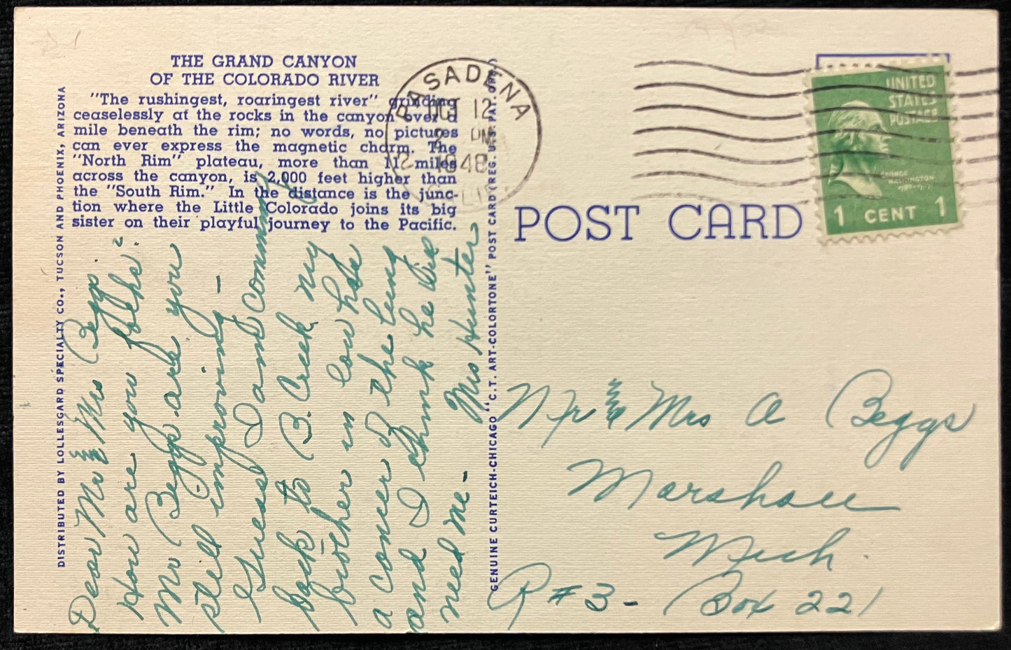 Grand Canyon - Colorado River - Arizona - Frashers Photo - 1940s Linen Postcard