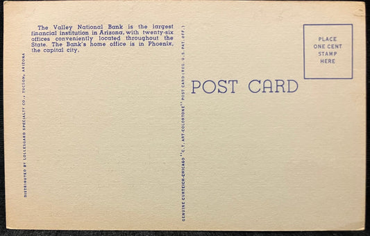 Valley National Bank - Tucson, Arizona - 1940s Linen - Bank Postcard