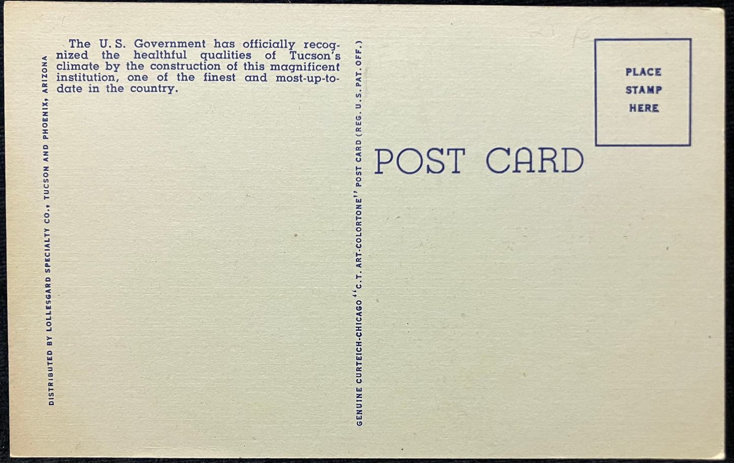 U. S. Veterans’ Hospital - Tucson, Arizona - 1940s Linen Postcard