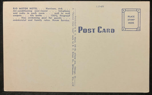 Rio Motor Hotel U. S. Hwy. 65 - 62, Arkansas - 1940s Linen Postcard