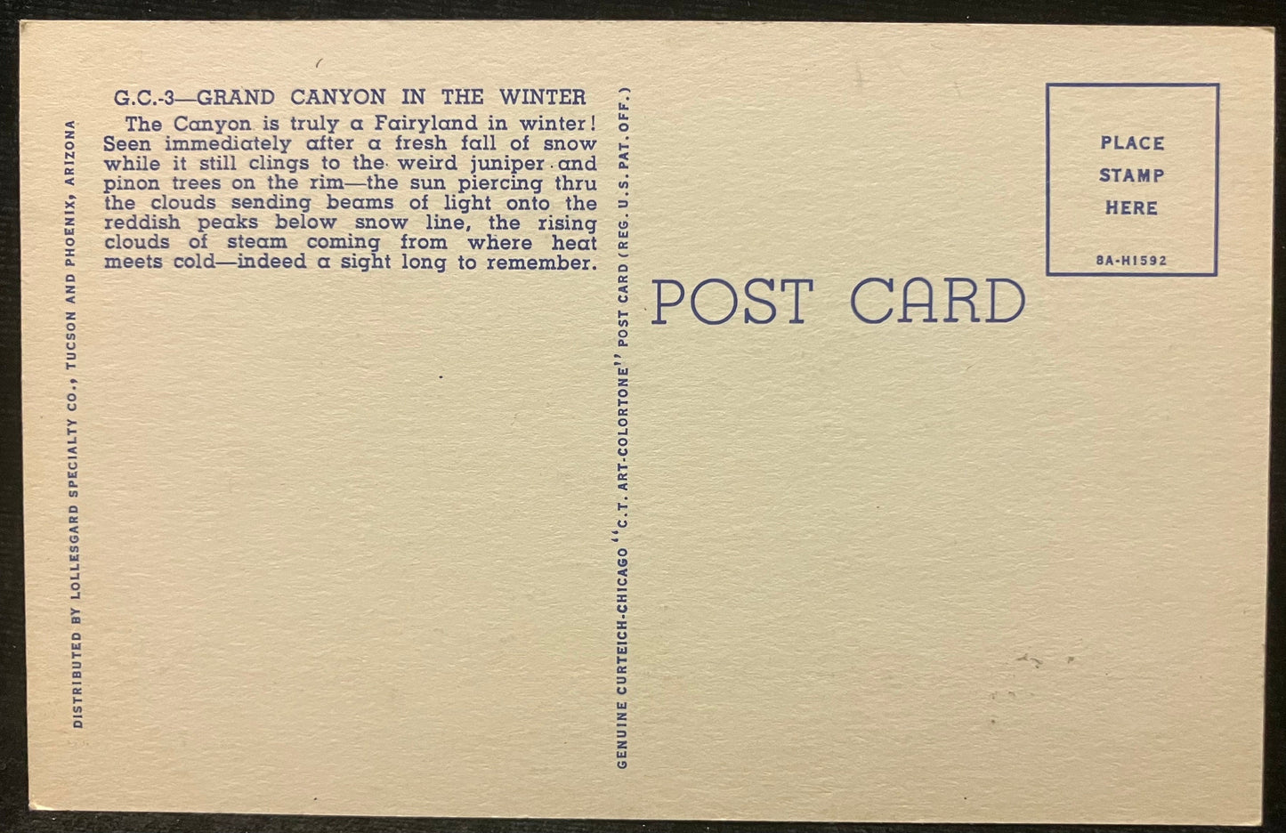 Grand Canyon in the Winter - Arizona - 1940s Linen Postcard
