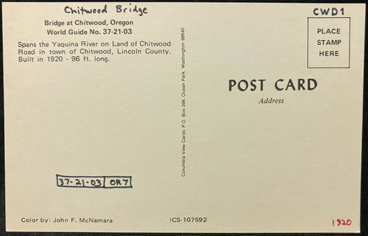 Chitwood Bridge in Chitwood, Oregon - Color by John F. McNamara -  Vintage Postcard