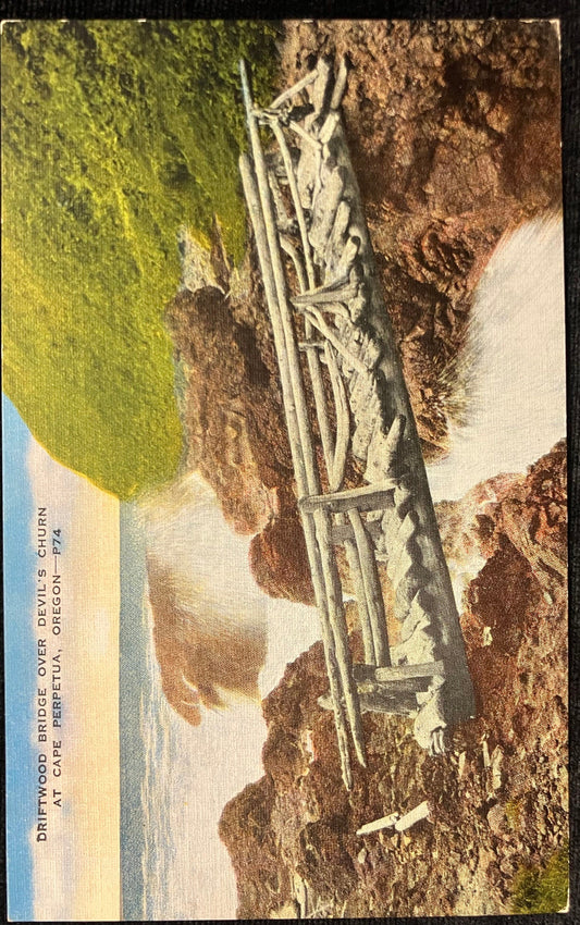 Driftwood Bridge Over Devil’s Churn at Cape Perpetua, Oregon - Vintage Postcard