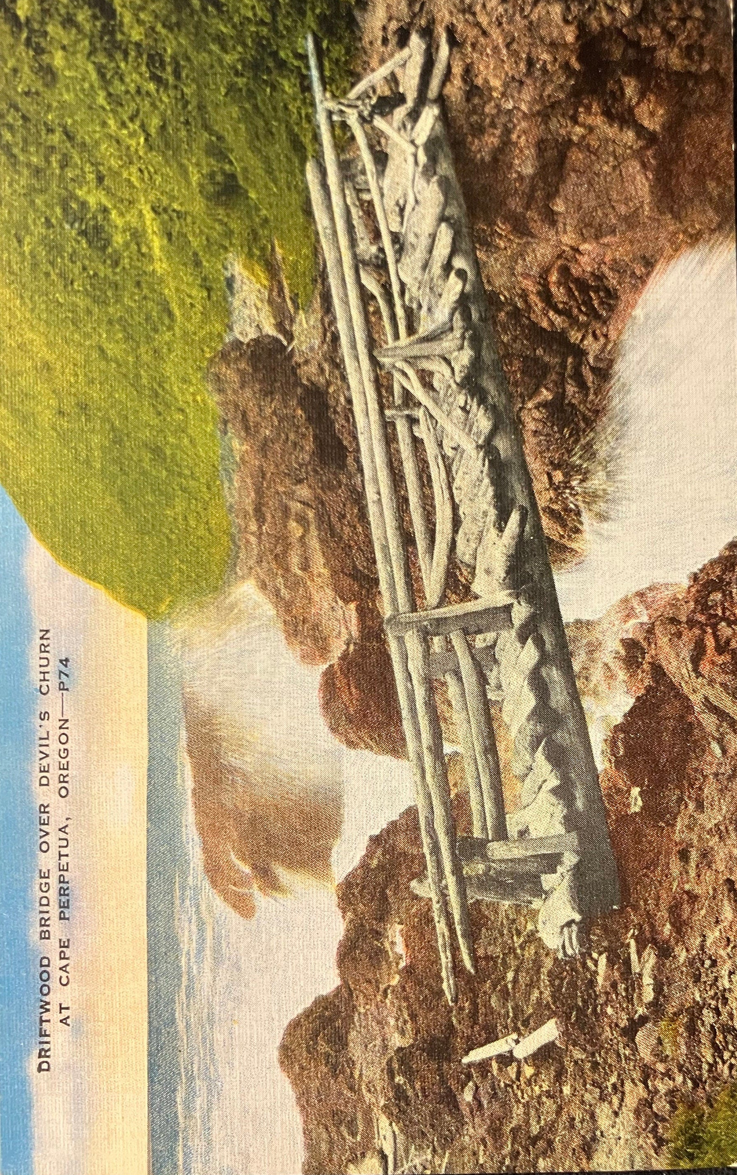Driftwood Bridge Over Devil’s Churn at Cape Perpetua, Oregon - Vintage Postcard