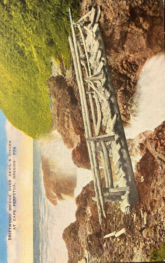 Driftwood Bridge Over Devil’s Churn at Cape Perpetua, Oregon - Vintage Postcard