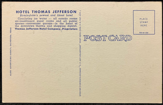 Hotel Thomas Jefferson - Corner 2nd Ave. And 17th St. - Birmingham, Alabama - Affiliated with National Hotels - 1940s Linen Postcard