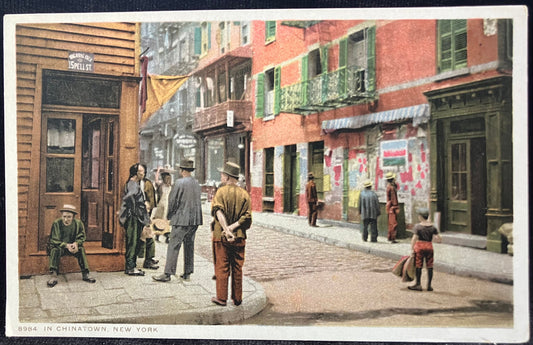 In Chinatown, New York - Great Picture on Vintage Postcard - Hand tinted Photo of Chinatown  in 1920