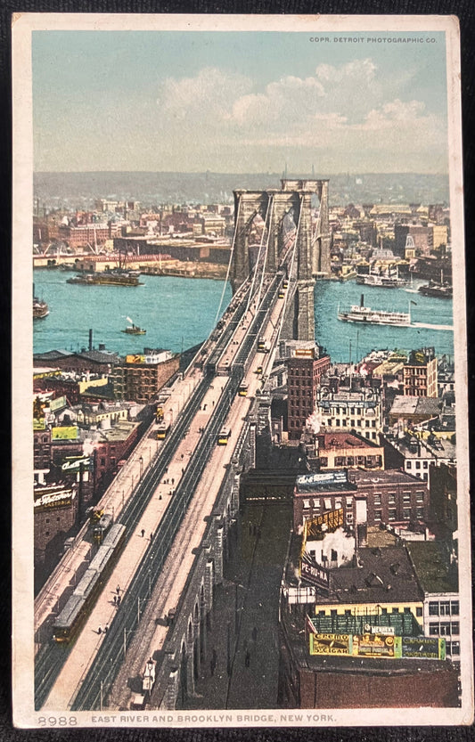 East River and Brooklyn Bridge, New York- Copr. Detroit Photographic Co. - Vintage Postcard