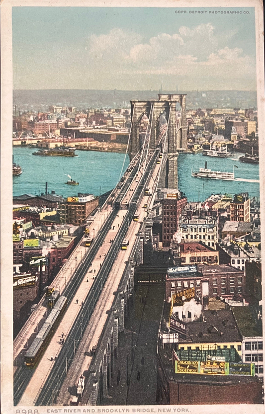 East River and Brooklyn Bridge, New York- Copr. Detroit Photographic Co. - Vintage Postcard