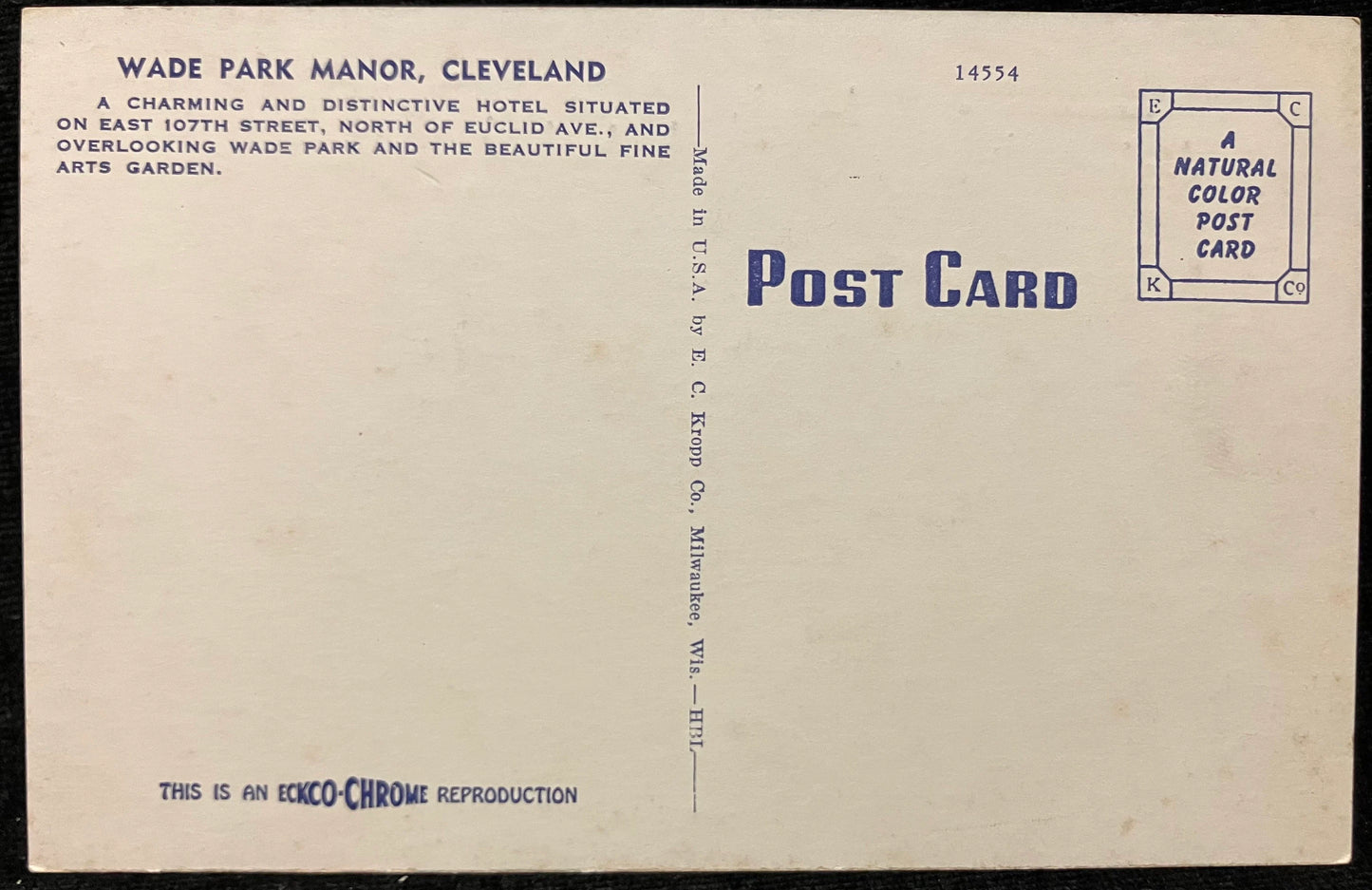 Wade Park Manor, Cleveland, Ohio - Ecko-Chrome Reproduction - Vintage Postcard