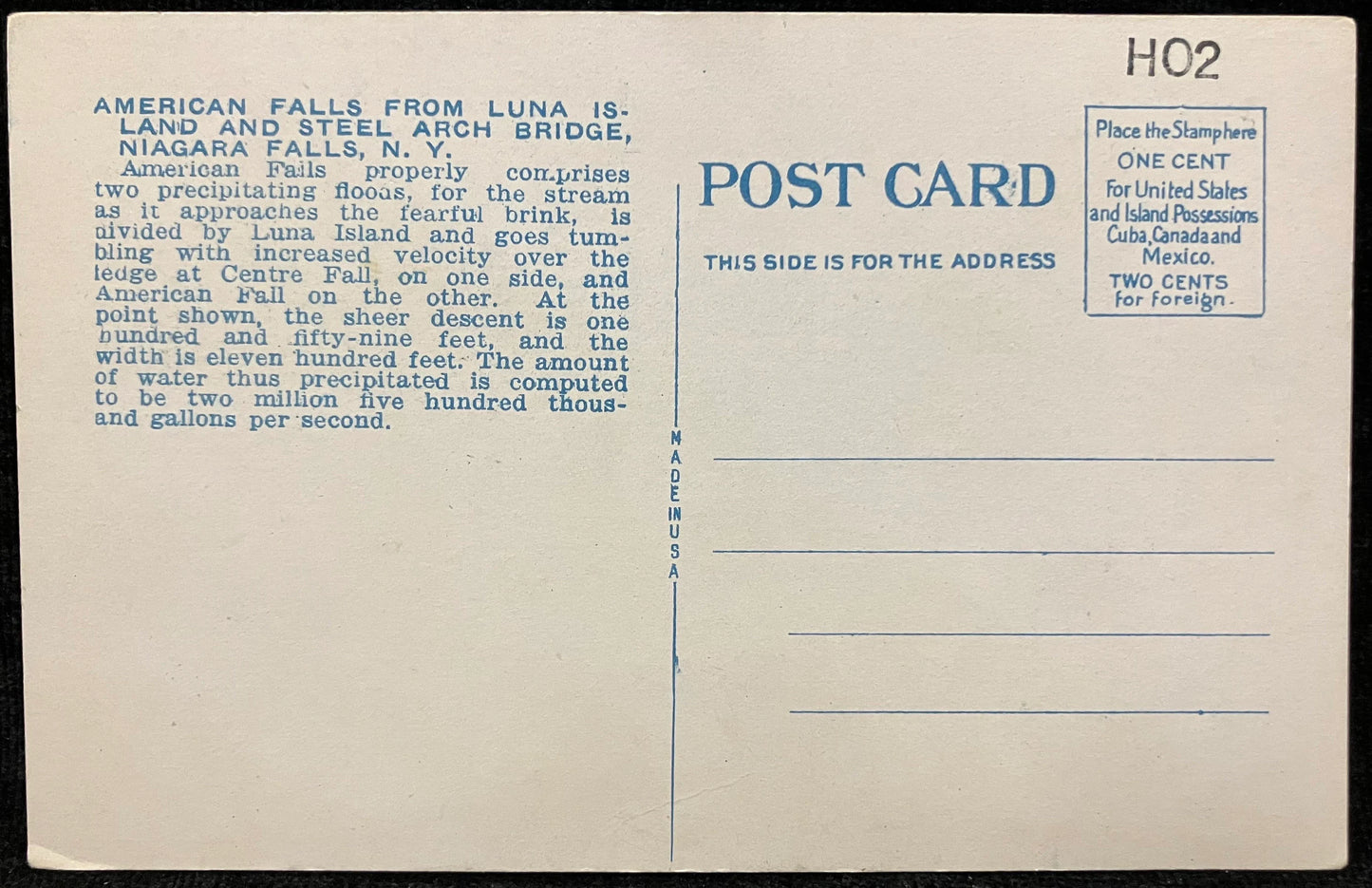 American Falls and Steel Arch Bridge From Luna Island, Niagara Falls - Vintage Postcard