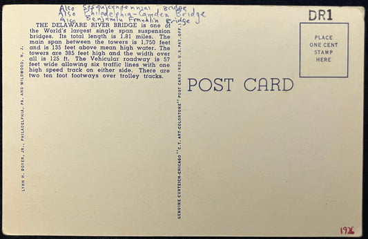 Delaware River Bridge, Connecting Philadelphia, Pennsylvania, and Camden, New Jersey - Vintage Postc