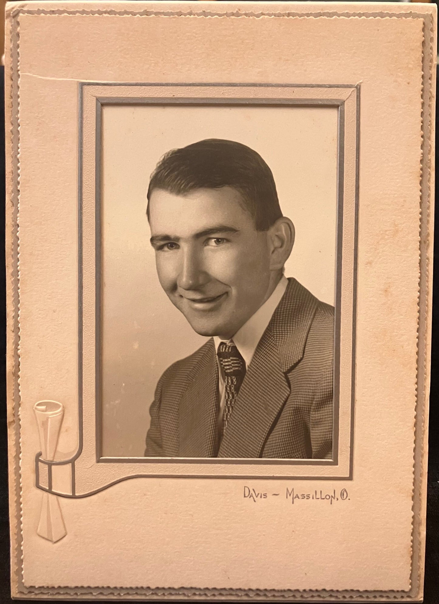 Real Photo of Dapper Young Man’s Graduation Diploma - Davis - Massillon - Vintage Photo - Embossed Card Frame