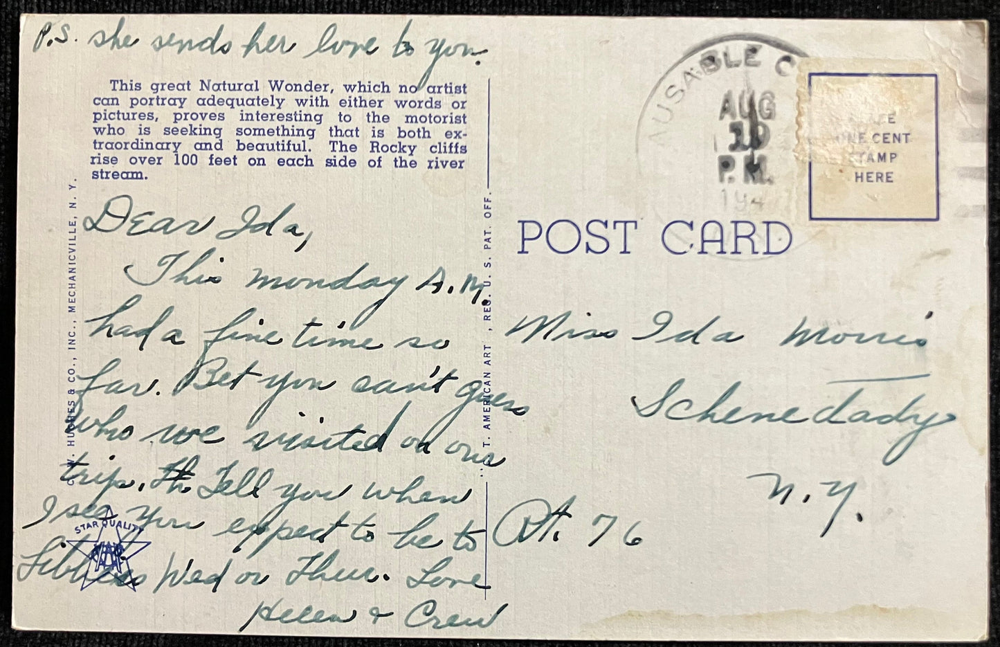 Sentinel and Cathedral Rock, Ausable Chasm, New York - Vintage Postcard