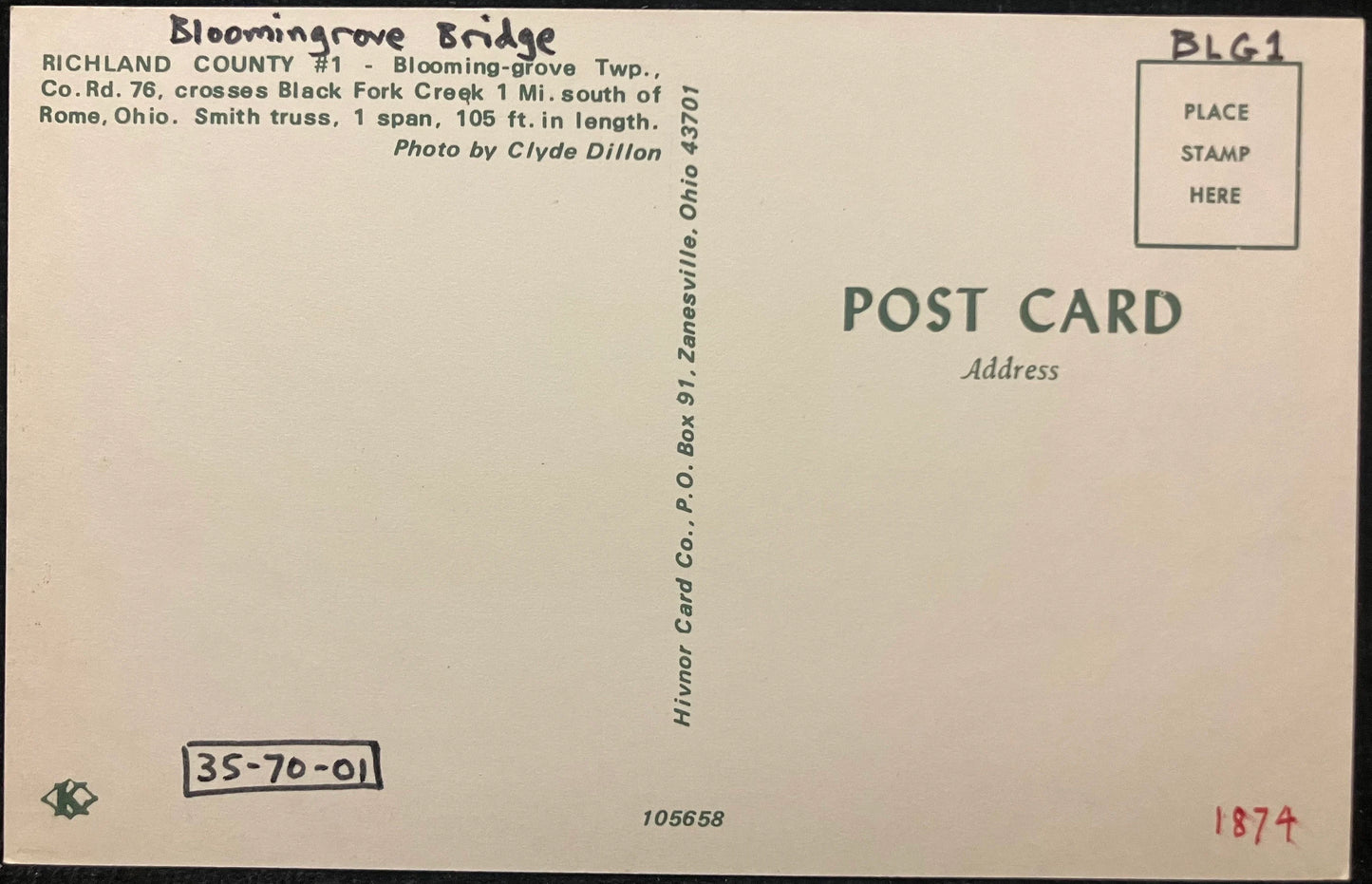 Bloomingrove Bridge, Rome, Ohio - Photo by Clyde Dillon - Vintage Postcard