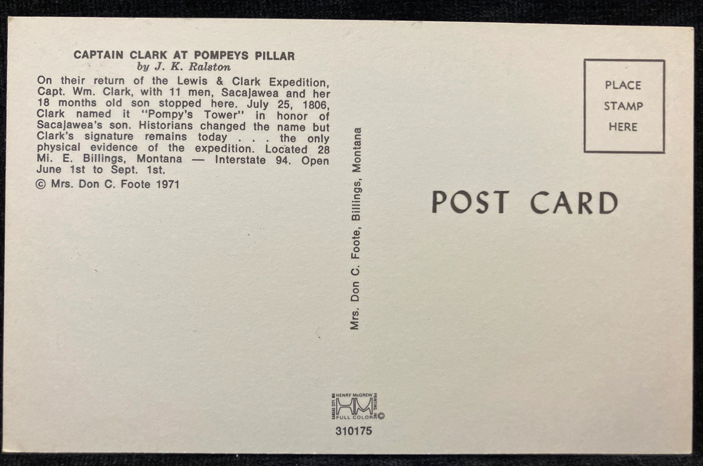 Captain Clark at Pompey’s Pillar by J. K. Ralston - Billings, Montana - 1971 Postcard