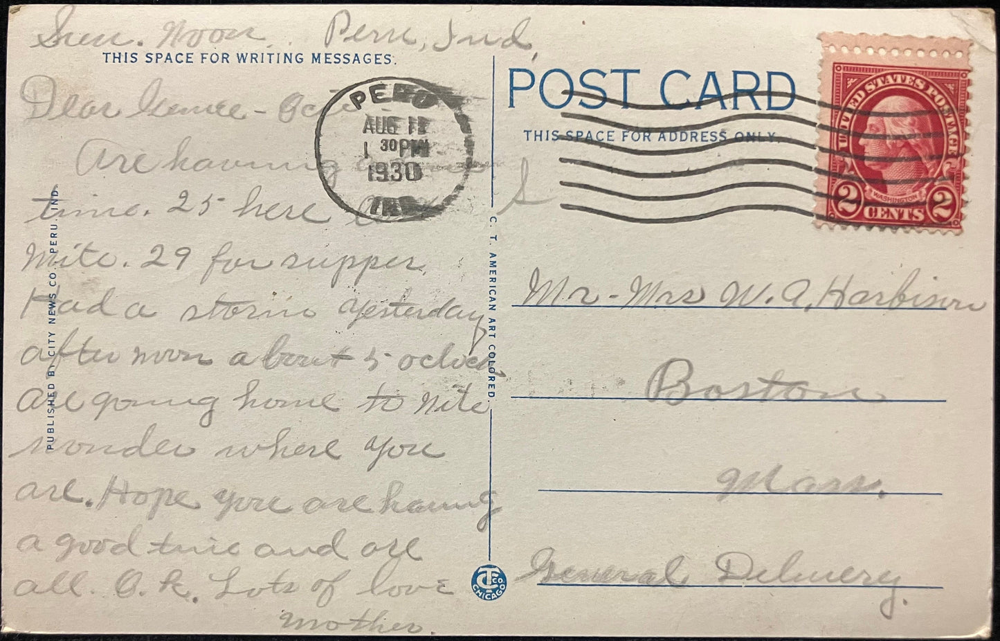 Post Office, Peru, Indiana - Vintage Postcard