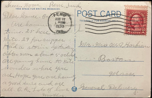 On front: Post Office, Peru, Ind. On back: Blank Mailed: Postmark on Aug 13, 1930 from Peru, Indiana