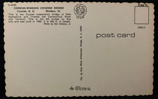 On front: A photo of Vermont-Cornish, N. H. Covered Bridge between Vermont and New Hampshire On back