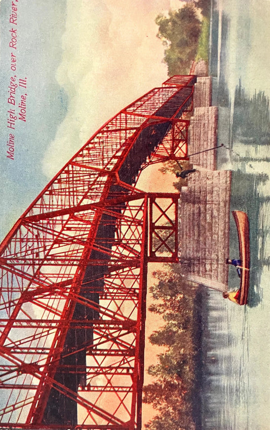 Moline High Bridge, over Rock River, Moline, Ill. - Vintage Bridge Postcard