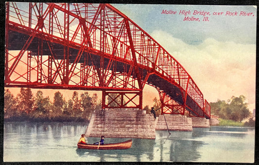 Moline High Bridge, over Rock River, Moline, Ill. - Vintage Bridge Postcard