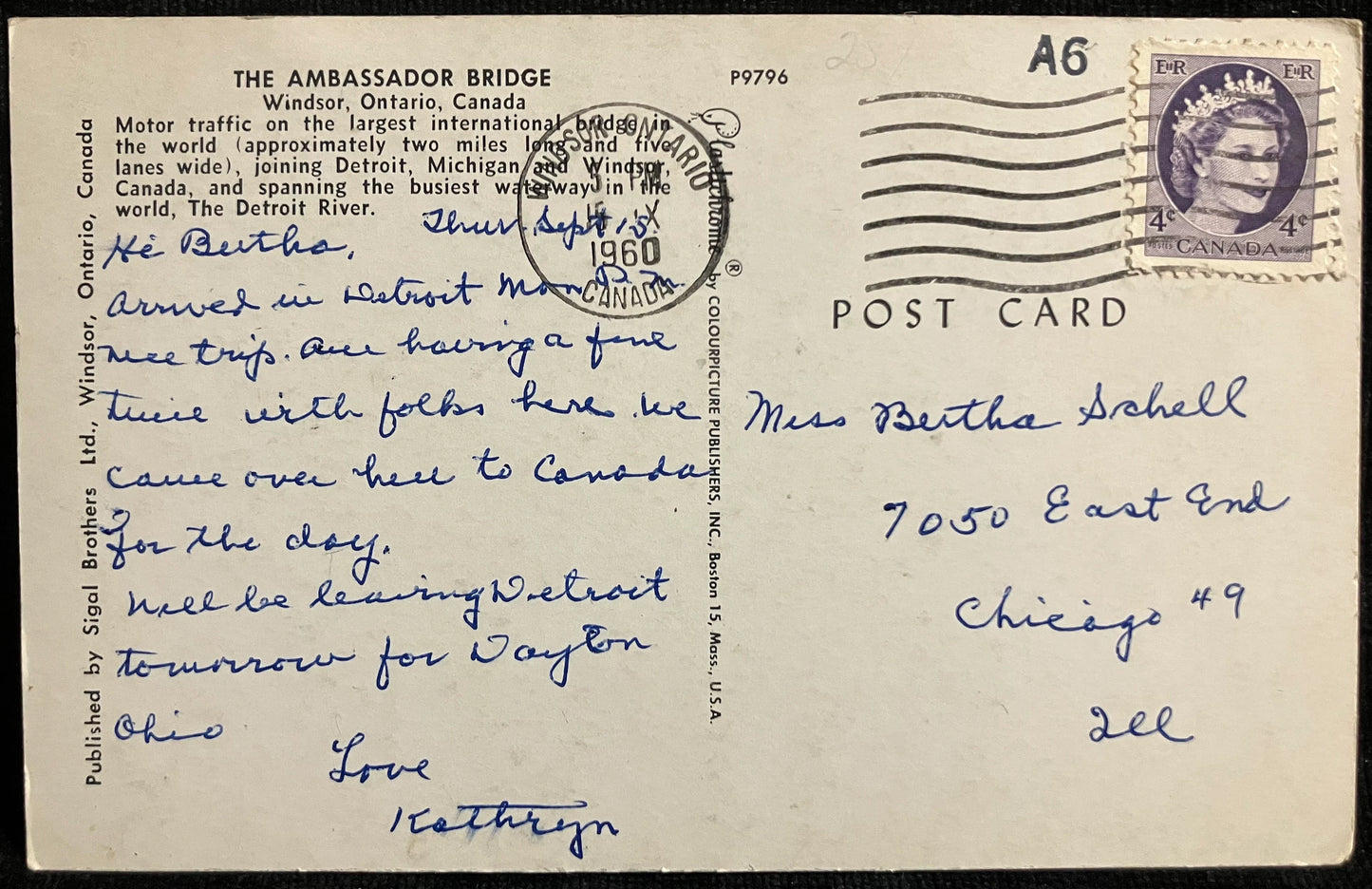 Ambassador Bridge, Windsor, Ontario, Canada - Vintage Postcard