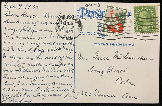 Government Bridge to Rock Island, Illinois - 1930 Merry Christmas Health to All stamp - Vintage Post