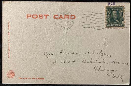 Vintage postcard with postage stamp and sender's address