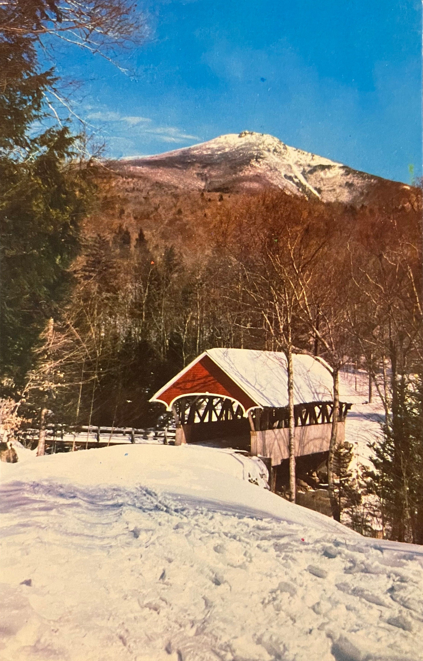 Covered Bridge at the Flume Franconia Notch, New Hampshire - Photo by Murray Clark - Vintage Covered Bridge Postcard- Rare Winter Postcard