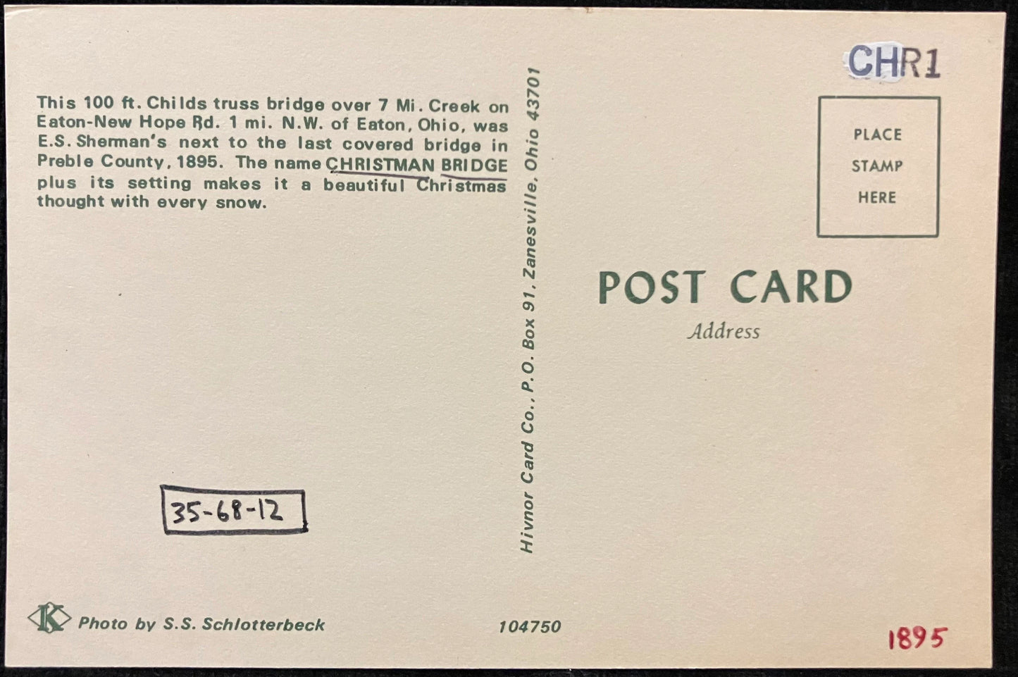 Christman Bridge, near Eaton, Ohio - Photo: S. S. Schlotterbeck - Vintage Covered Bridge Postcard