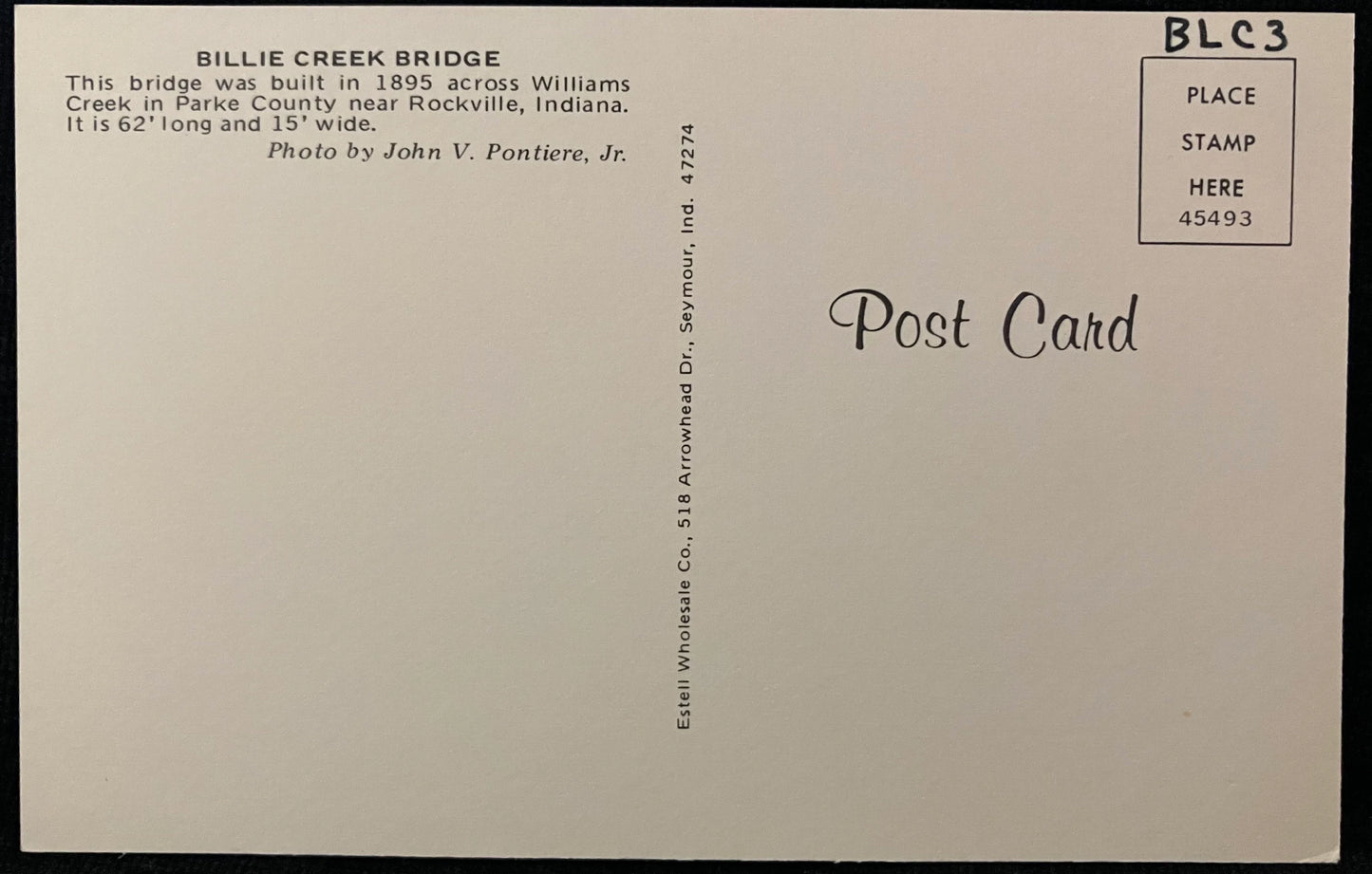 Billie Creek Bridge, in Parke County, Indiana - Photo by John V. Pontiere Jr. - Vintage Covered Bridge Postcard
