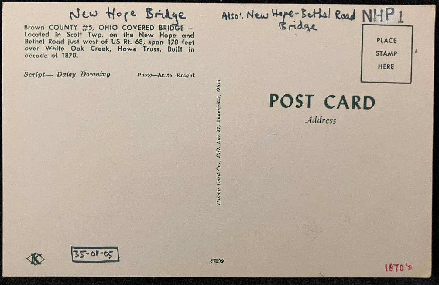 Covered Bridge in Brown County, Ohio - New Hope Bridge - Photo: Anita Knight - Vintage Covered Bridge Postcard