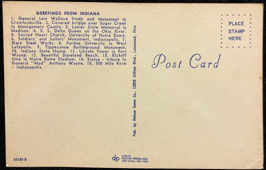 Greetings from Indiana The Hoosier State - Vintage Postcard