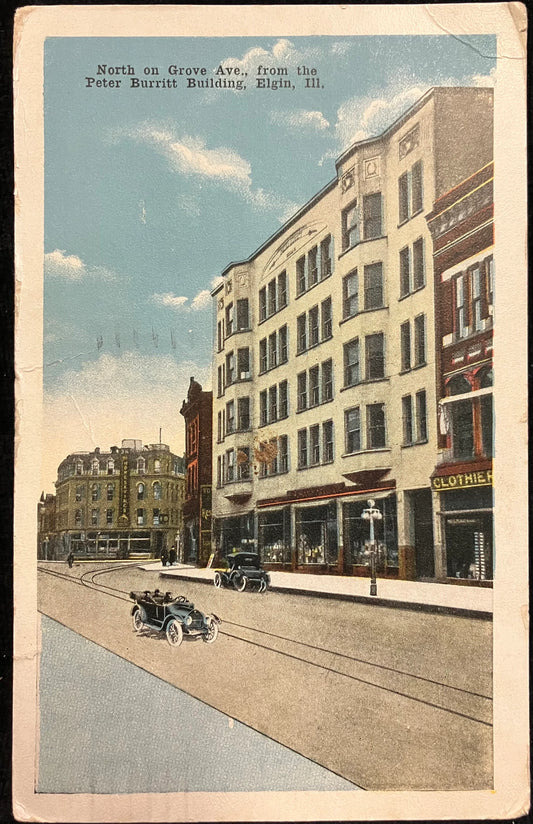 North on Grove Ave., from the Peter Burritt Building, Elgin, Illinois  - Vintage Postcard