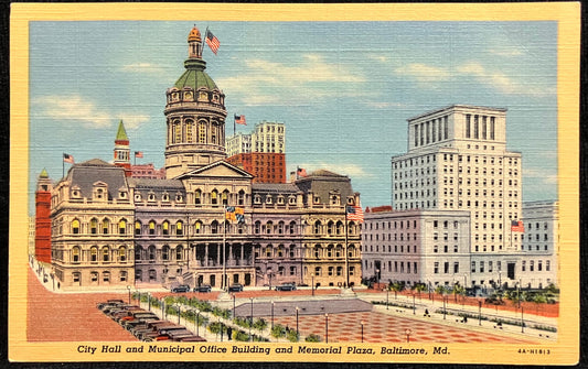 City Hall and Municipal Office Building and Memorial Plaza, Baltimore, Maryland - Vintage Postcard
