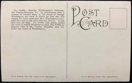 Martha Washington’s Bedroom, Mt. Vernon Mansion, Virginia  - Vintage American History Postcard