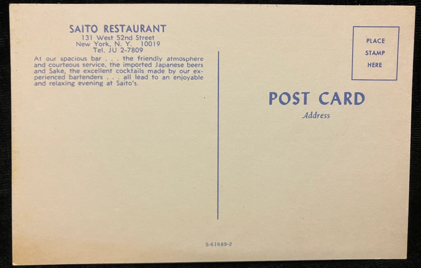 Saito Restaurant in New York, New York - Vintage Postcard