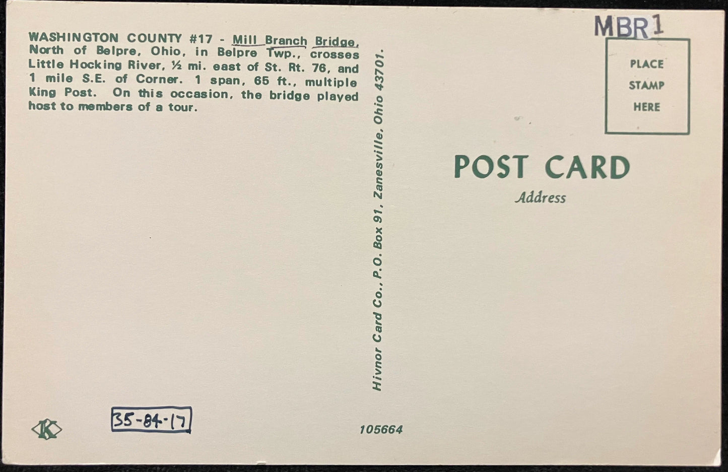 Washington County #17 - Mill Branch Bridge, North of Belpre, Ohio - Vintage Ohio Covered Bridge Postcard