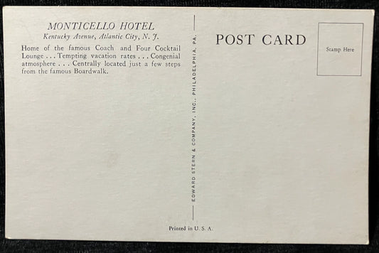 Monticello Hotel - Coach and Four Cocktail Lounge - Lobby - Atlantic City, New Jersey - Vintage Postcard