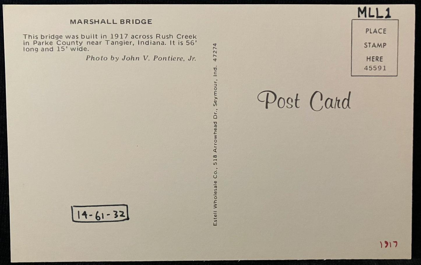 Marshall Bridge in Parke County, Indiana - Photo by John V. Pontiere Jr. - Vintage Covered Bridge Postcard