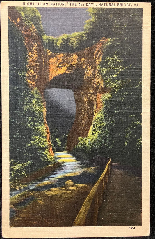 Night Illumination, “the 4th Day”, Natural Bridge, Virginia - Vintage Scenic Postcard