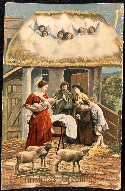 Christmas Greetings - Virgin Mary and Baby Jesus with Halo Under Chorus of Angels and Star of Bethlehem - Made in Saxony - Vintage Postcard