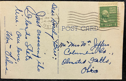 On front: U. S. Post Office, Valdosta, Ga On back: written note Mailed: Postmark in 1951 from Lafaye